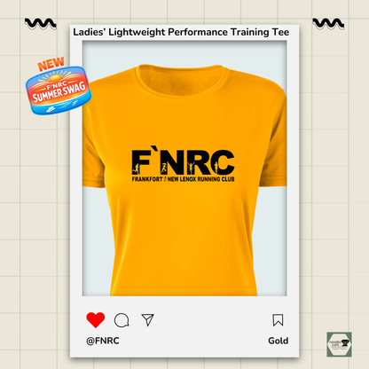 Close up view of the Ladies FNRC Signature logo Boston-W performance training tee in black gold and platinum women’s athletic fit moisture-wicking Zorrel shirt from Omni Apparatech.
