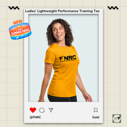 Ladies FNRC Signature logo Boston-W performance training tee in black gold and platinum women’s athletic fit moisture-wicking Zorrel shirt from Omni Apparatech.