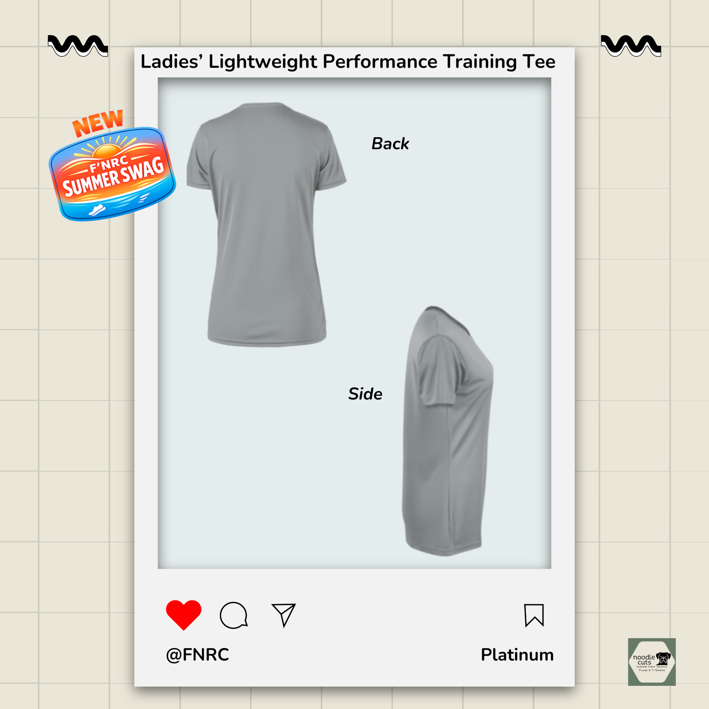 Back and side view of the Ladies FNRC Run Design Boston-W performance training tee in black and platinum women’s athletic fit Zorrel moisture-wicking running shirt.