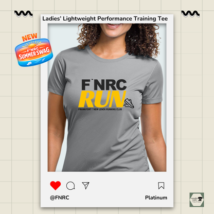 Ladies FNRC Run Design Boston-W performance training tee in black and platinum women’s athletic fit Zorrel moisture-wicking running shirt.