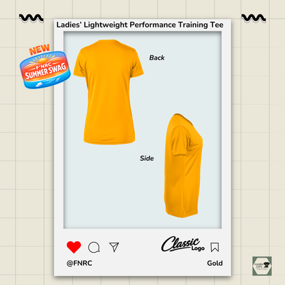 Back and side view of the Ladies FNRC Classic logo Boston-W performance training tee in black gold and platinum, women’s athletic fit moisture-wicking Zorrel shirt.