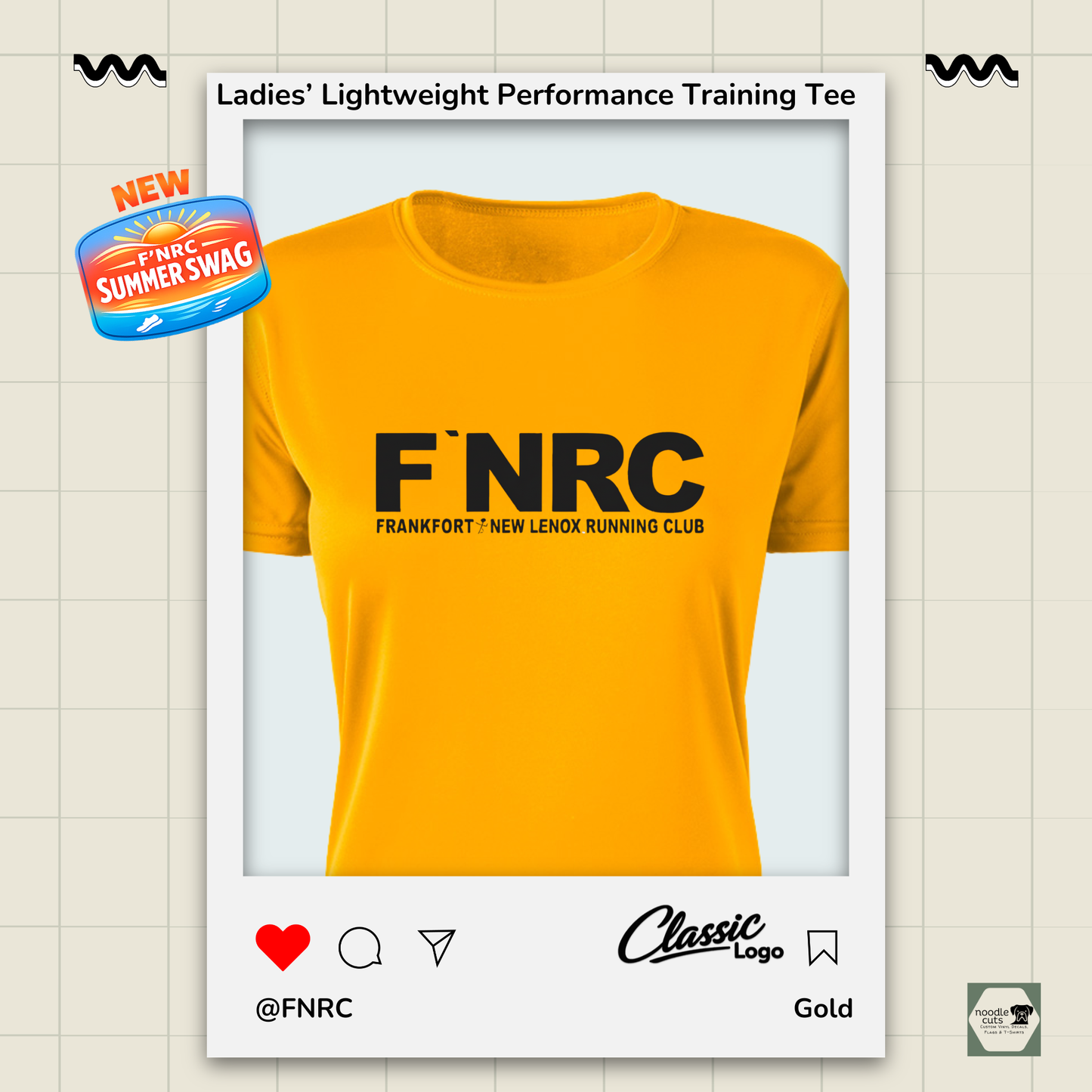 Ladies FNRC Classic logo Boston-W performance training tee in black gold and platinum, women’s athletic fit moisture-wicking Zorrel shirt
