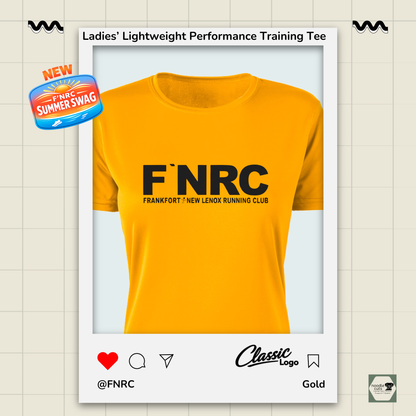 Ladies FNRC Classic logo Boston-W performance training tee in black gold and platinum, women’s athletic fit moisture-wicking Zorrel shirt