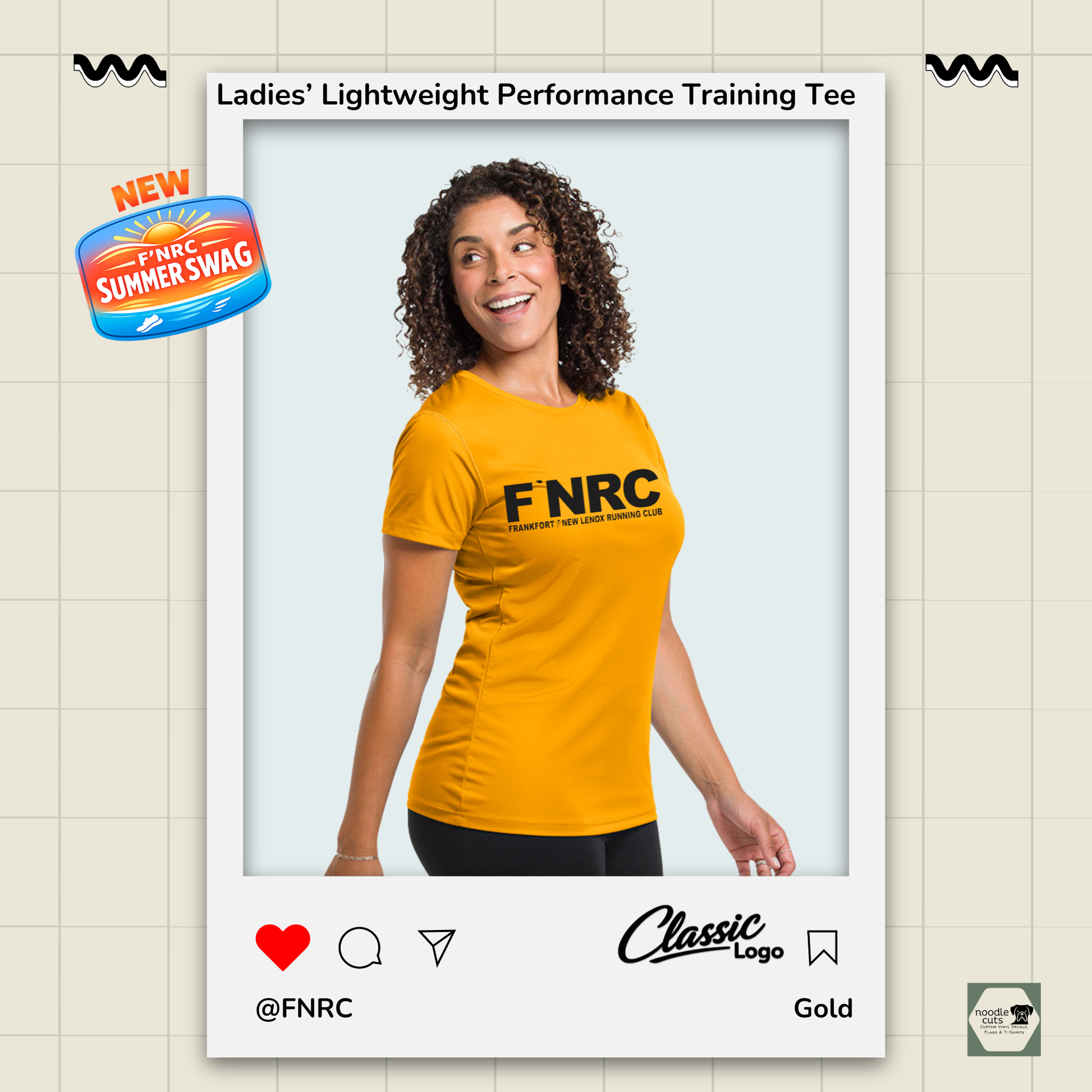Ladies FNRC Classic logo Boston-W performance training tee in black gold and platinum, women’s athletic fit moisture-wicking Zorrel shirt.