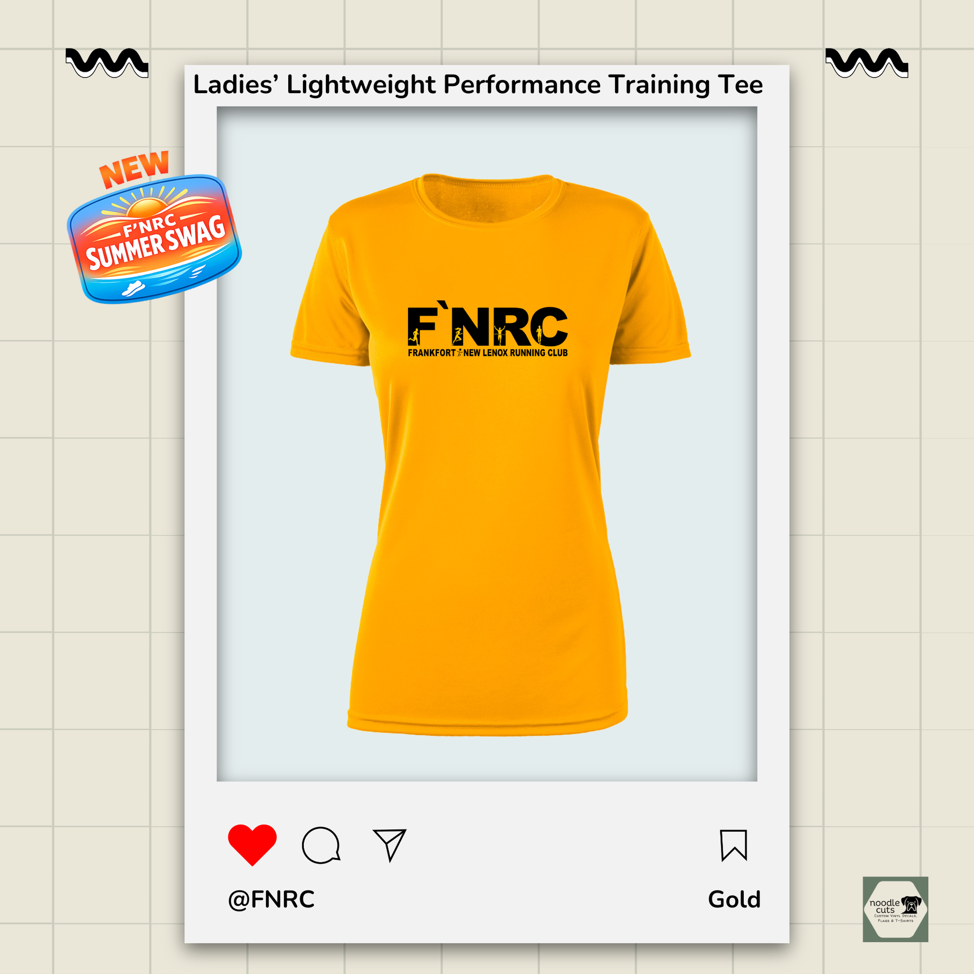 Ladies FNRC Signature logo Boston-W performance training tee in black gold and platinum women’s athletic fit moisture-wicking Zorrel shirt from Omni Apparatech.
