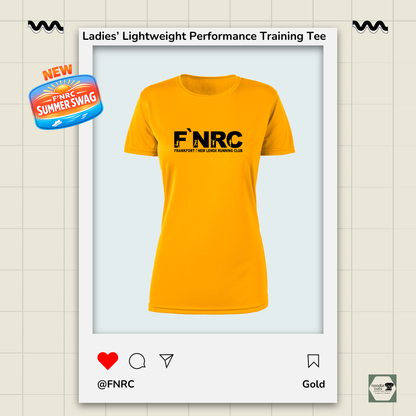 Ladies FNRC Signature logo Boston-W performance training tee in black gold and platinum women’s athletic fit moisture-wicking Zorrel shirt from Omni Apparatech.