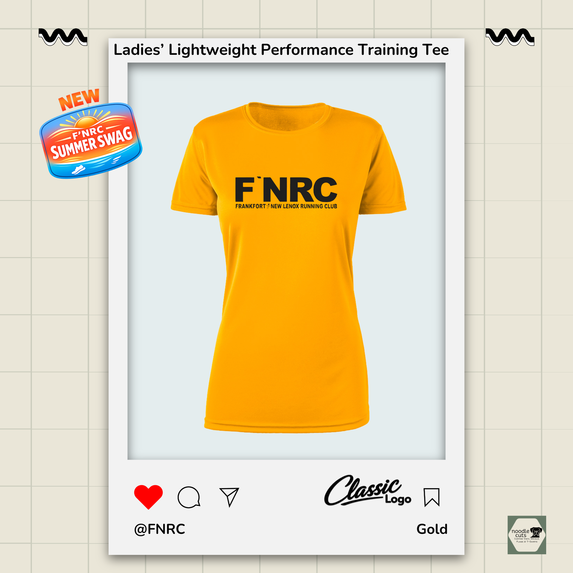 Ladies FNRC Classic logo Boston-W performance training tee in black gold and platinum, women’s athletic fit moisture-wicking Zorrel shirt.