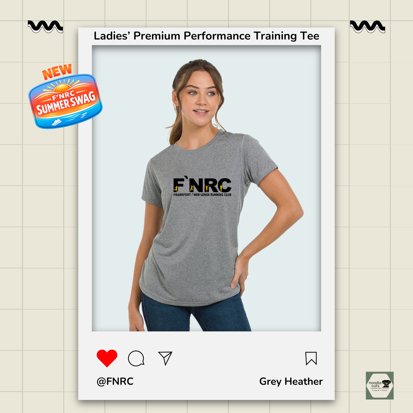 Ladies FNRC Signature Logo Vegas II premium performance tee in Grey Heather featuring moisture-wicking Zorrel performance fabric