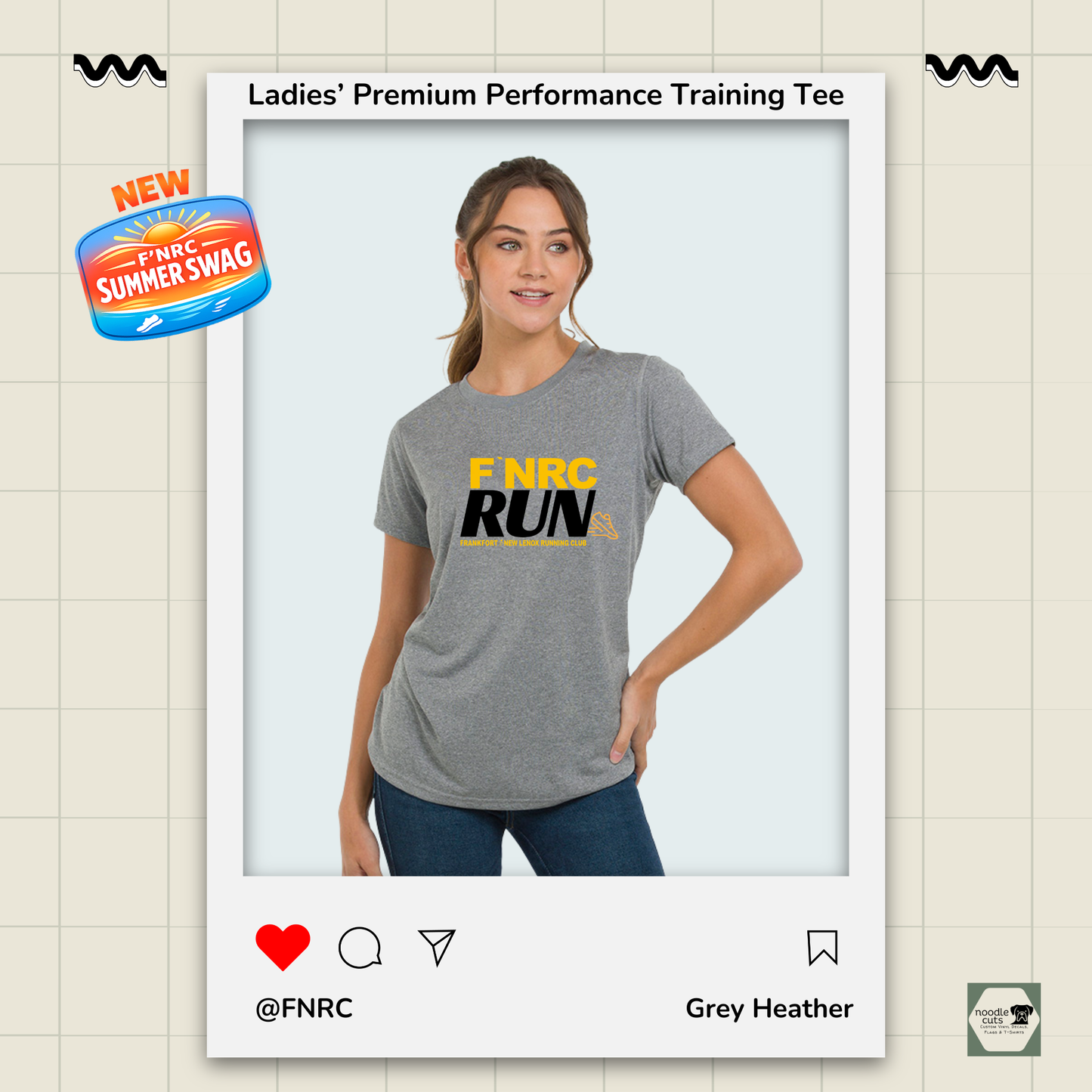Ladies FNRC Run Design Vegas II premium performance tee in Grey Heather featuring moisture-wicking Zorrel performance fabric