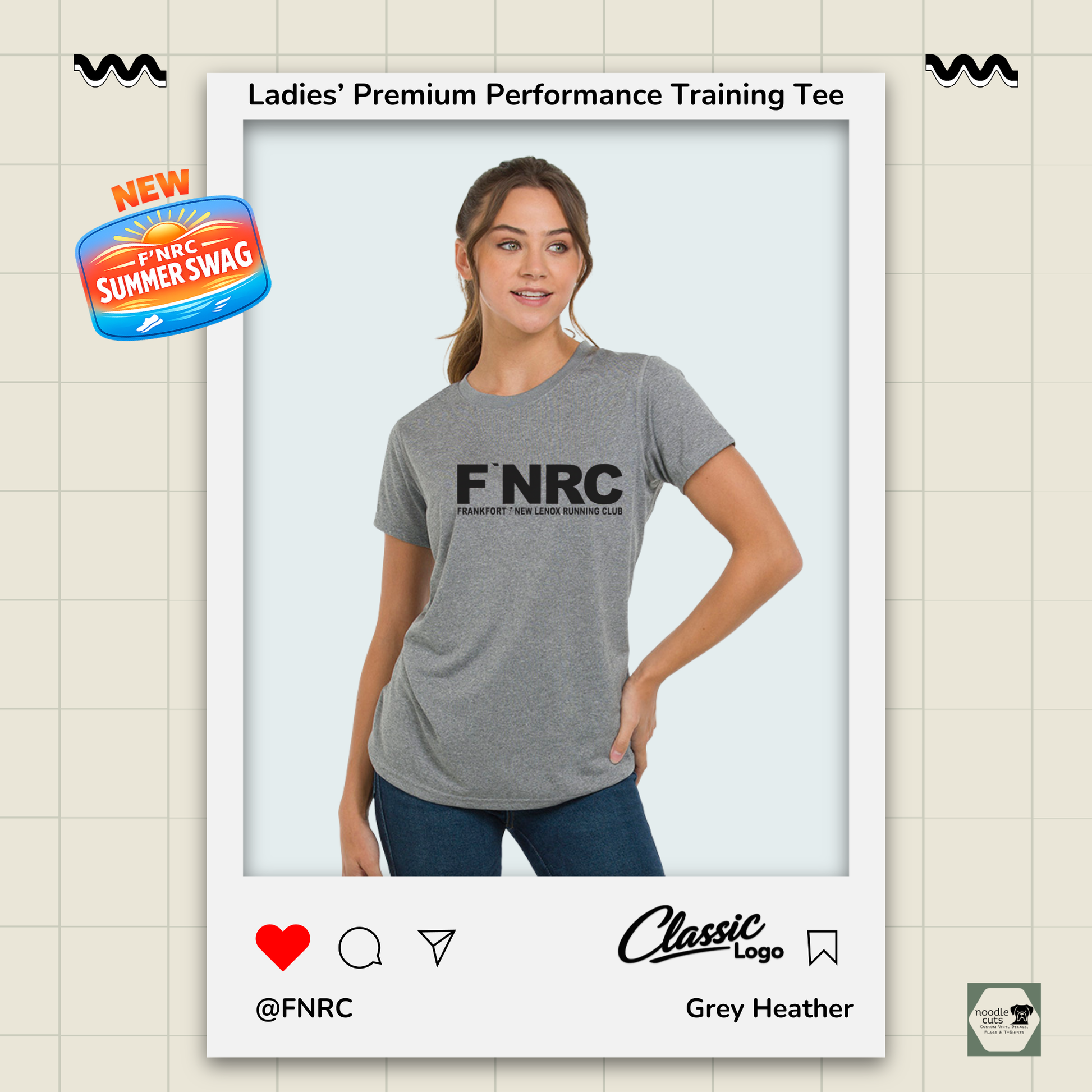 Ladies FNRC Classic Logo Vegas II premium performance tee in Grey Heather featuring moisture-wicking Zorrel performance fabric
