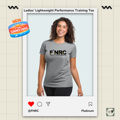Ladies FNRC Signature logo Boston-W performance training tee in black gold and platinum women’s athletic fit moisture-wicking Zorrel shirt from Omni Apparatech.