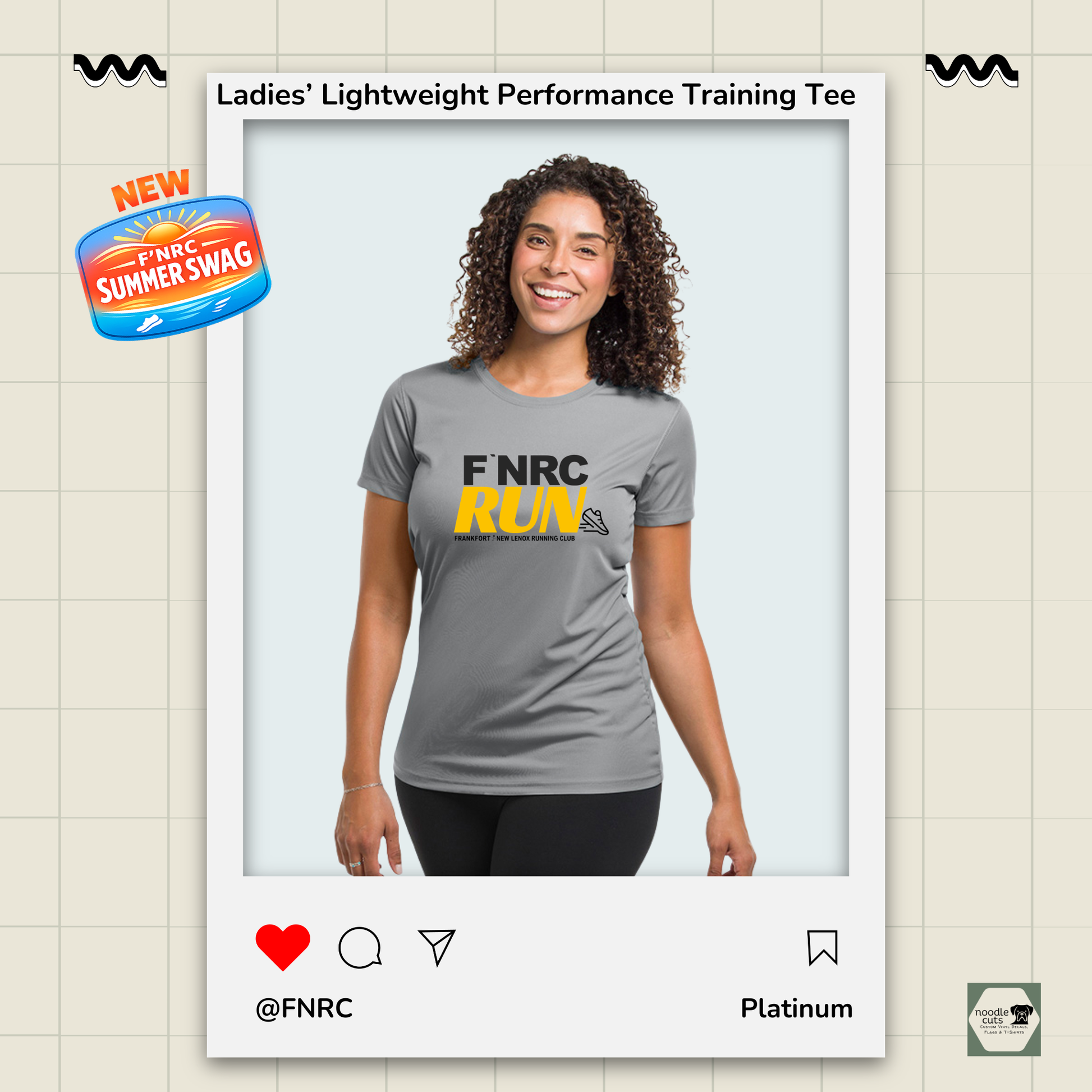 Ladies FNRC Run Design Boston-W performance training tee in black and platinum women’s athletic fit Zorrel moisture-wicking running shirt.