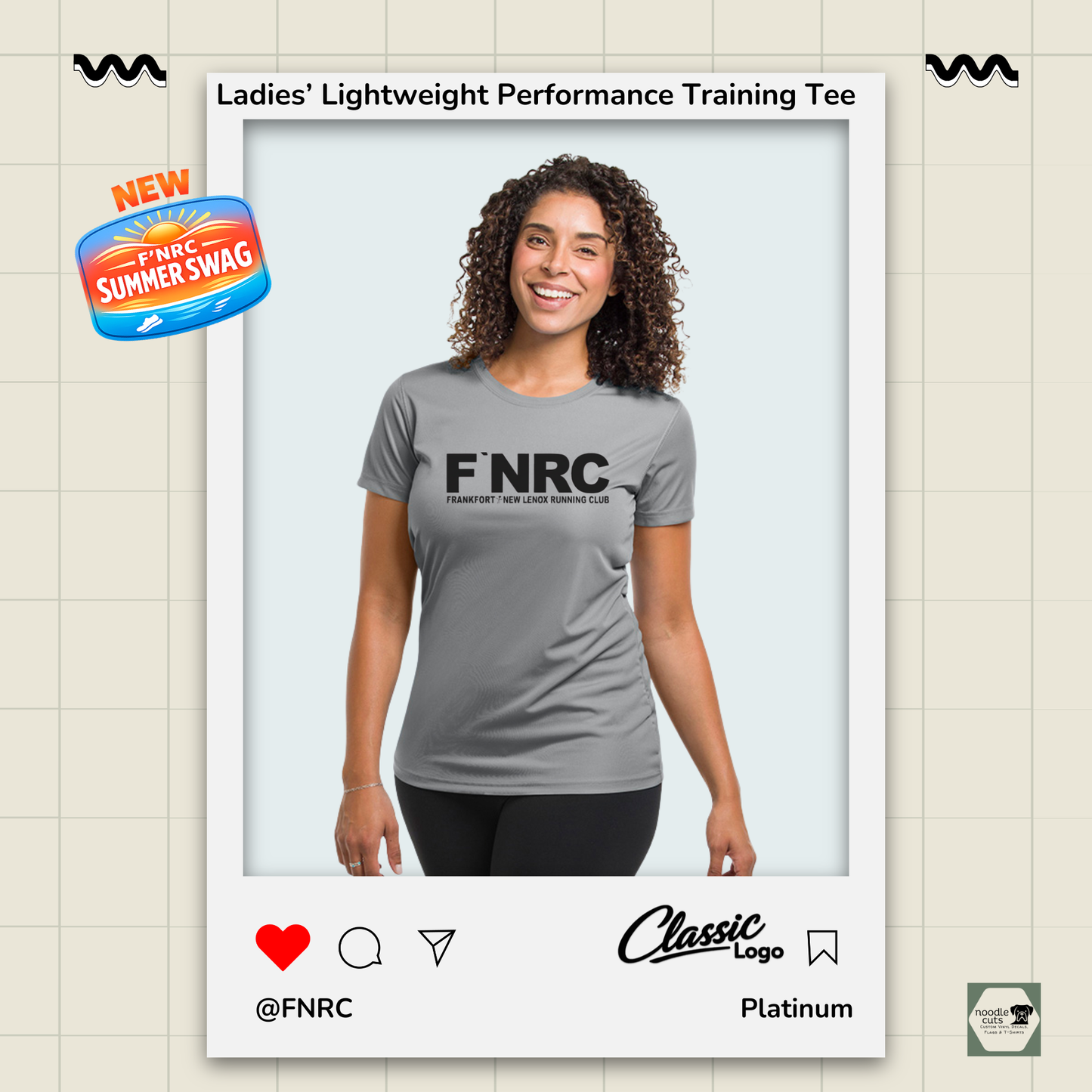 Ladies FNRC Classic logo Boston-W performance training tee in black gold and platinum, women’s athletic fit moisture-wicking Zorrel shirt.
