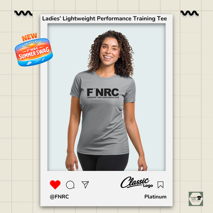 Ladies FNRC Classic logo Boston-W performance training tee in black gold and platinum, women’s athletic fit moisture-wicking Zorrel shirt.