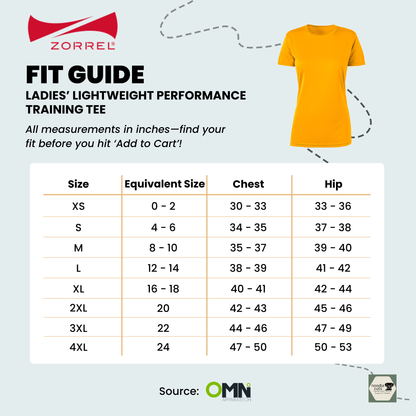 Fit guide for Zorrel ladies' Boston-W lightweight performance training tee with size chart and gold t-shirt illustration.