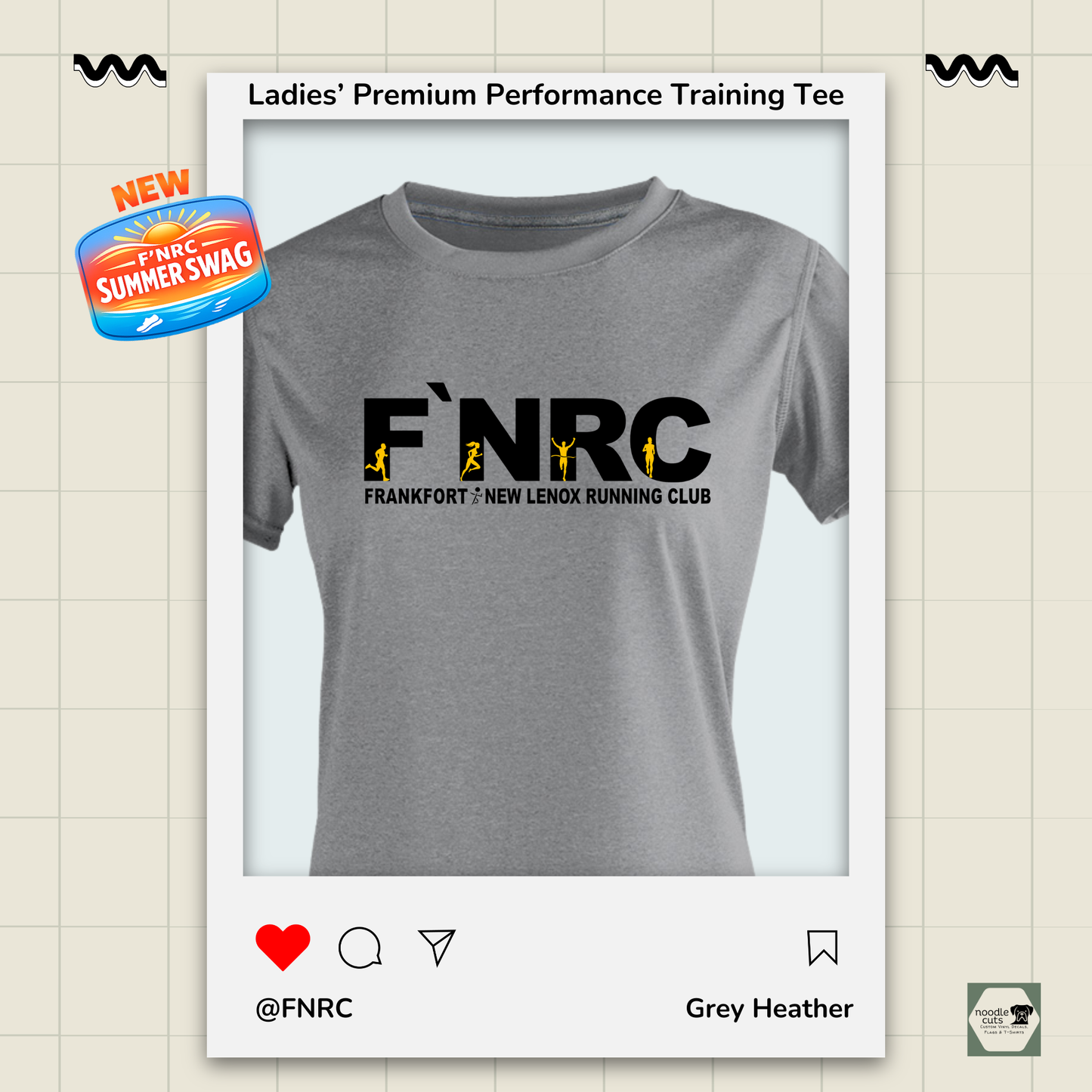 Ladies FNRC Signature Logo Vegas II premium performance tee in Grey Heather featuring moisture-wicking Zorrel performance fabric