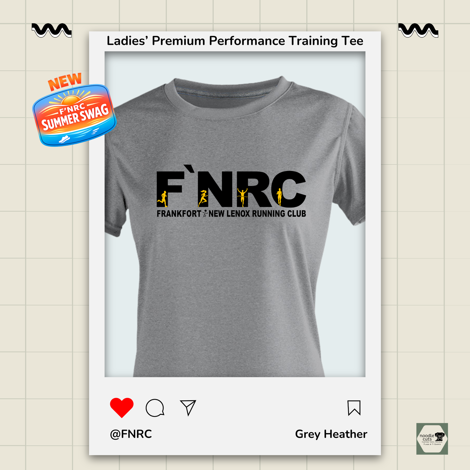 Ladies FNRC Signature Logo Vegas II premium performance tee in Grey Heather featuring moisture-wicking Zorrel performance fabric