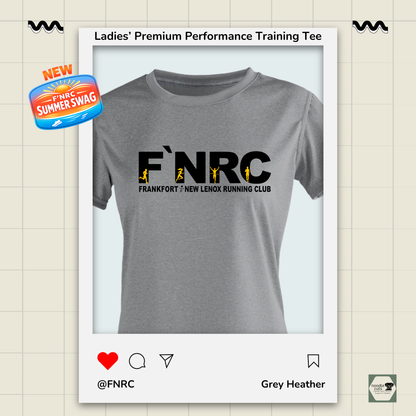 Ladies FNRC Signature Logo Vegas II premium performance tee in Grey Heather featuring moisture-wicking Zorrel performance fabric
