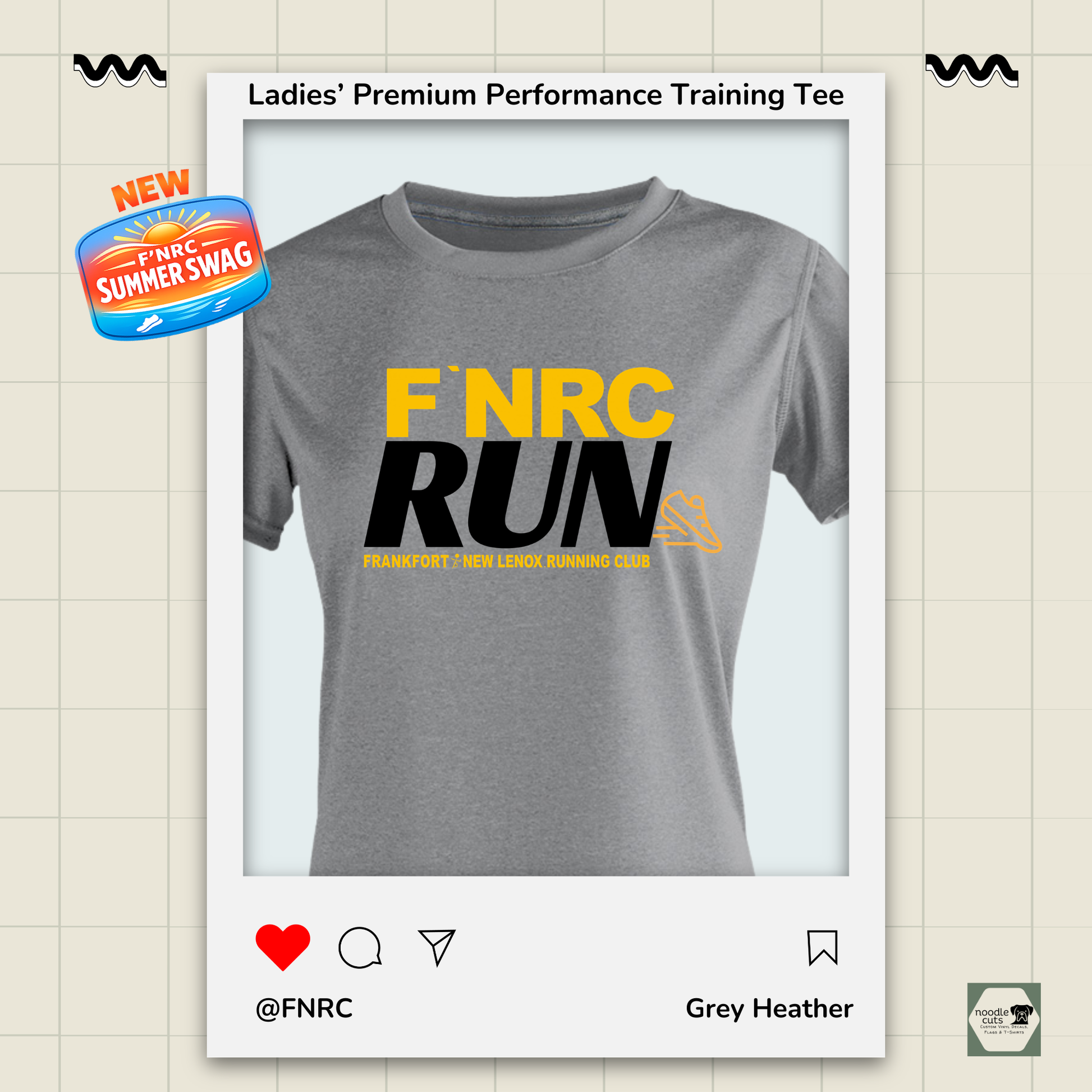 Ladies FNRC Run Design Vegas II premium performance tee in Grey Heather featuring moisture-wicking Zorrel performance fabric