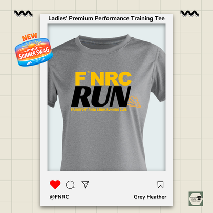 Ladies FNRC Run Design Vegas II premium performance tee in Grey Heather featuring moisture-wicking Zorrel performance fabric