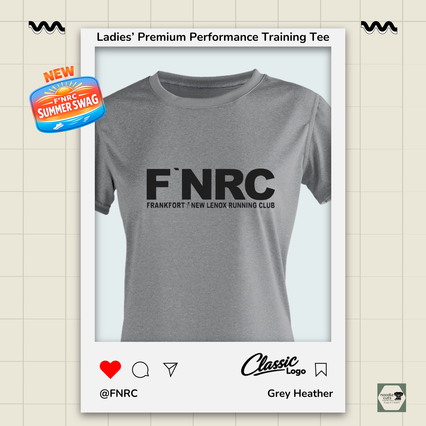 Close up view of a Ladies FNRC Classic Logo Vegas II premium performance tee in Grey Heather featuring moisture-wicking Zorrel performance fabric