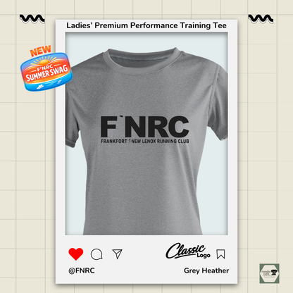 Close up view of a Ladies FNRC Classic Logo Vegas II premium performance tee in Grey Heather featuring moisture-wicking Zorrel performance fabric