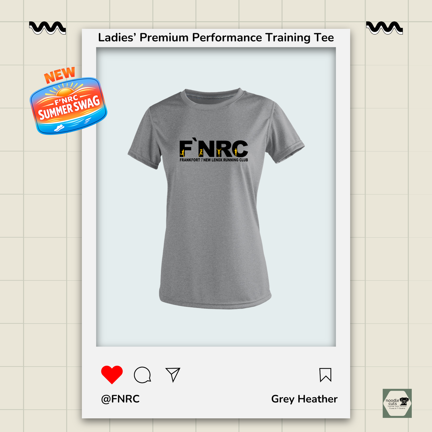Ladies FNRC Signature Logo Vegas II premium performance tee in Grey Heather featuring moisture-wicking Zorrel performance fabric