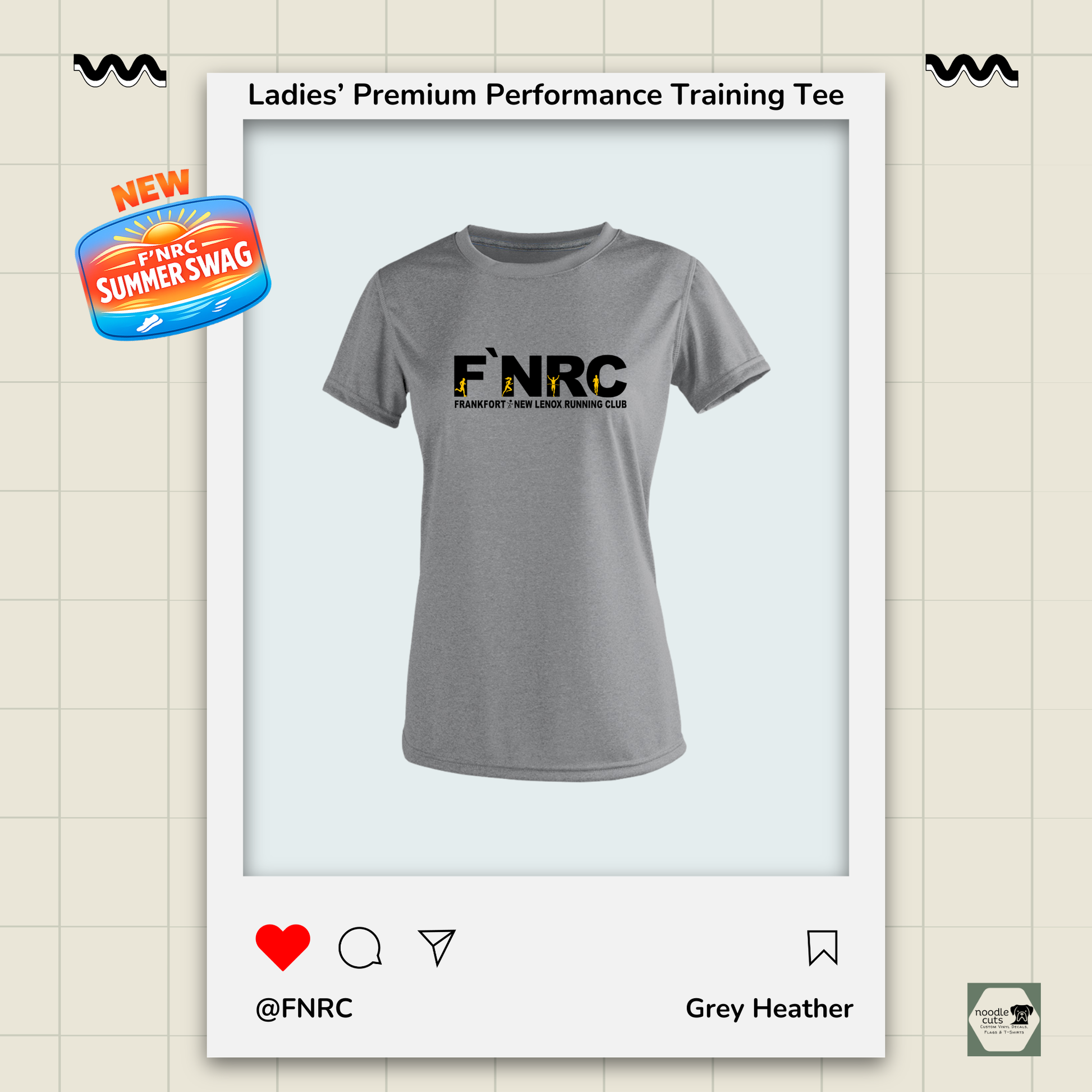 Ladies FNRC Signature Logo Vegas II premium performance tee in Grey Heather featuring moisture-wicking Zorrel performance fabric
