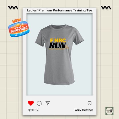 Ladies FNRC Run Design Vegas II premium performance tee in Grey Heather featuring moisture-wicking Zorrel performance fabric
