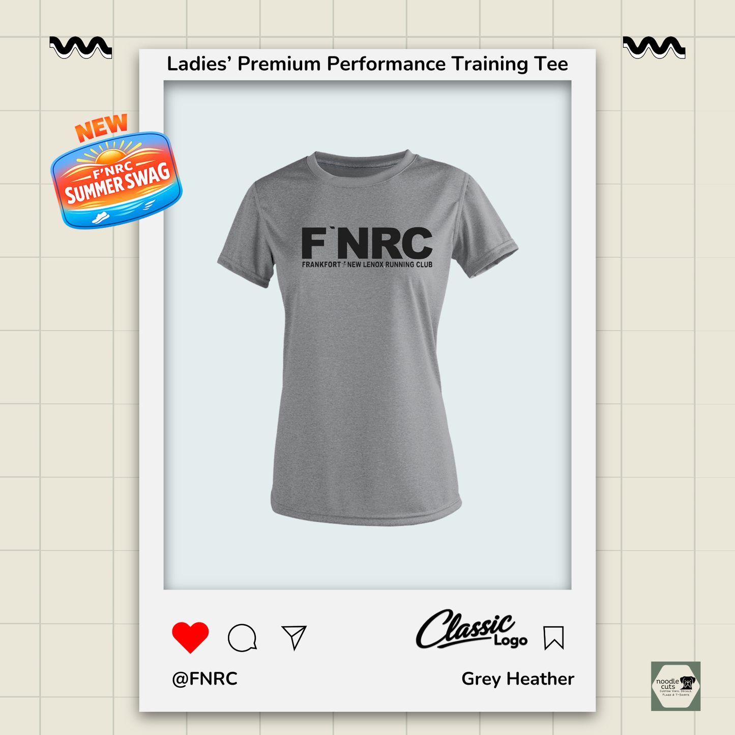 Ladies FNRC Classic Logo Vegas II premium performance tee in Grey Heather featuring moisture-wicking Zorrel performance fabric