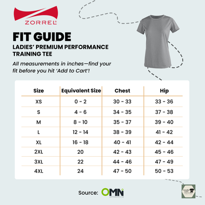Fit guide for Zorrel ladies' Vegas II premium performance training tee with size chart and gray t-shirt illustration.