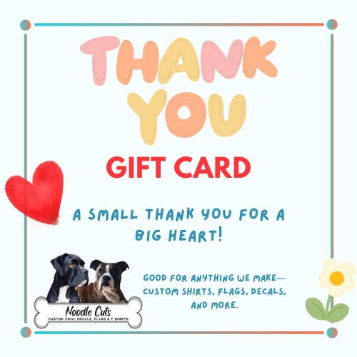 Noodle Cuts gift card with 'Thank You' text, dogs, and decorative elements on a white background