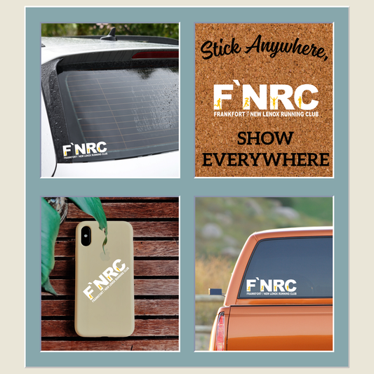 Rebranded FNRC logo in vibrant white and gold design available as a UV DTF sticker. Shown on rear view window of a SUV and truck, and the back of a phone case.  Includes applicator & easy instructions. Long lasting, fade resistant sooth surfaces.