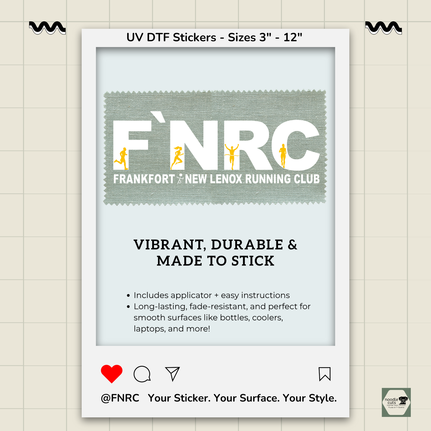 Rebranded FNRC logo in vibrant white and gold design available as a UV DTF sticker. Includes applicator & easy instructions. Long lasting, fade resistant sooth surfaces.