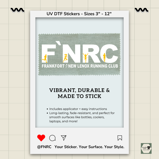 Rebranded FNRC logo in vibrant white and gold design available as a UV DTF sticker. Includes applicator & easy instructions. Long lasting, fade resistant sooth surfaces.