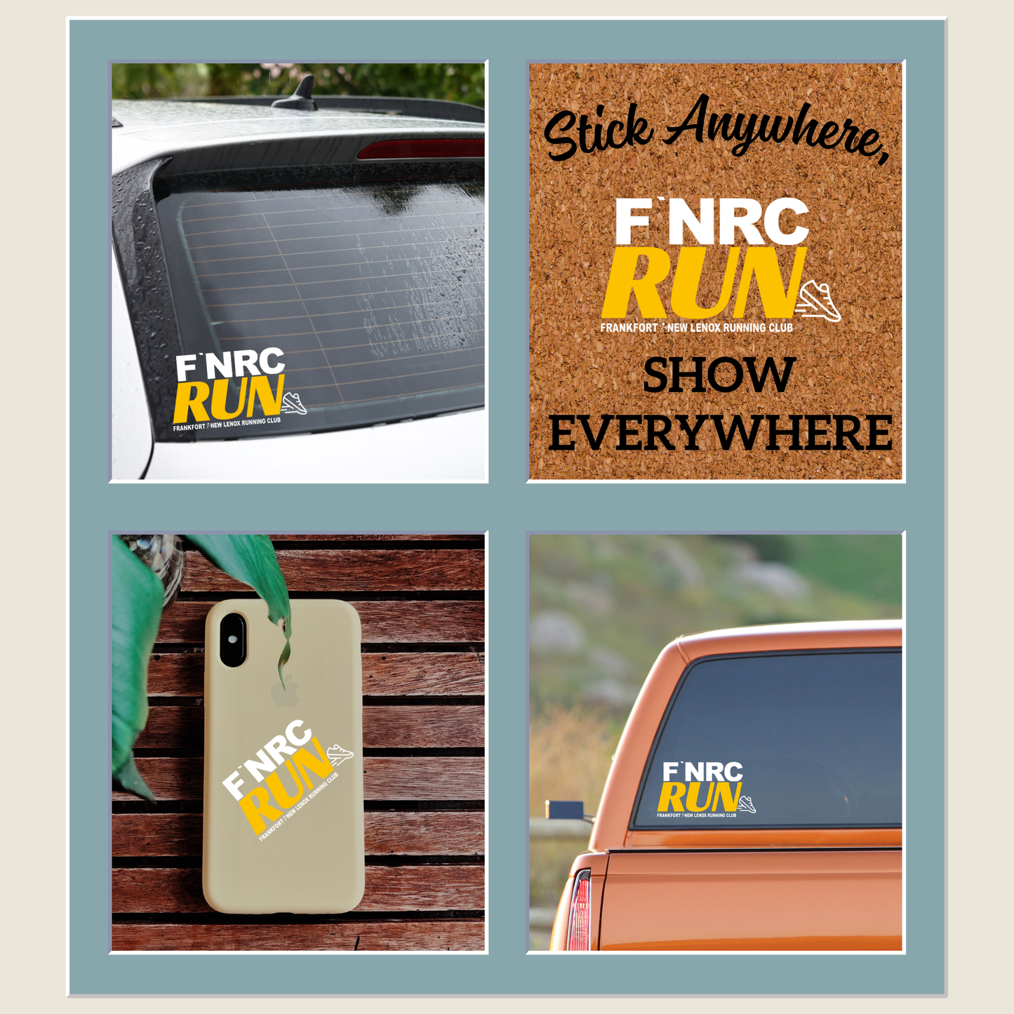 FNRC RUN logo in vibrant white and gold design is available as a UV DTF sticker. Shown on rear view window of a SUV and truck, and the back of a phone case.  Stick anywhere, show everywhere!