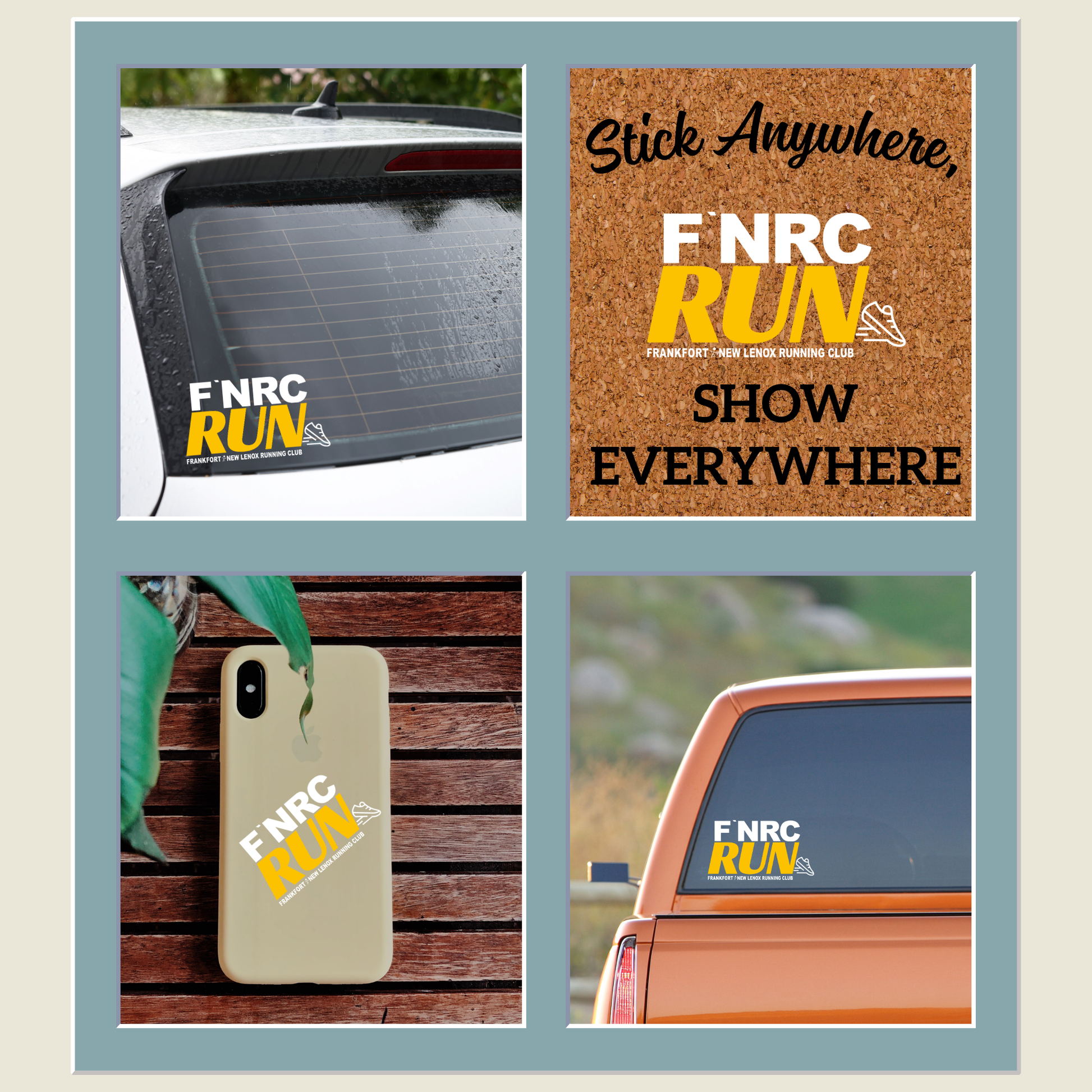 FNRC RUN logo in vibrant white and gold design is available as a UV DTF sticker. Shown on rear view window of a SUV and truck, and the back of a phone case.  Stick anywhere, show everywhere!
