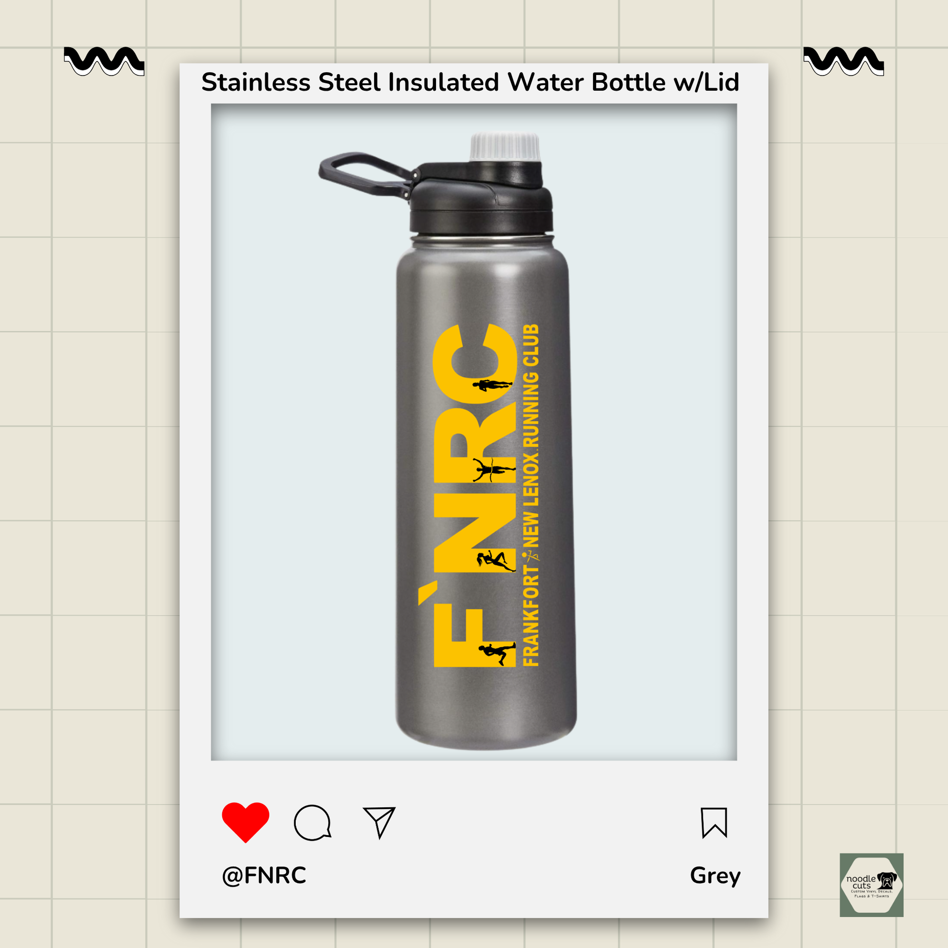 Grey 30 oz stainless steel insulated water bottle with spout lid featuring the rebranded FNRC logo in gold and black, framed by product display border.