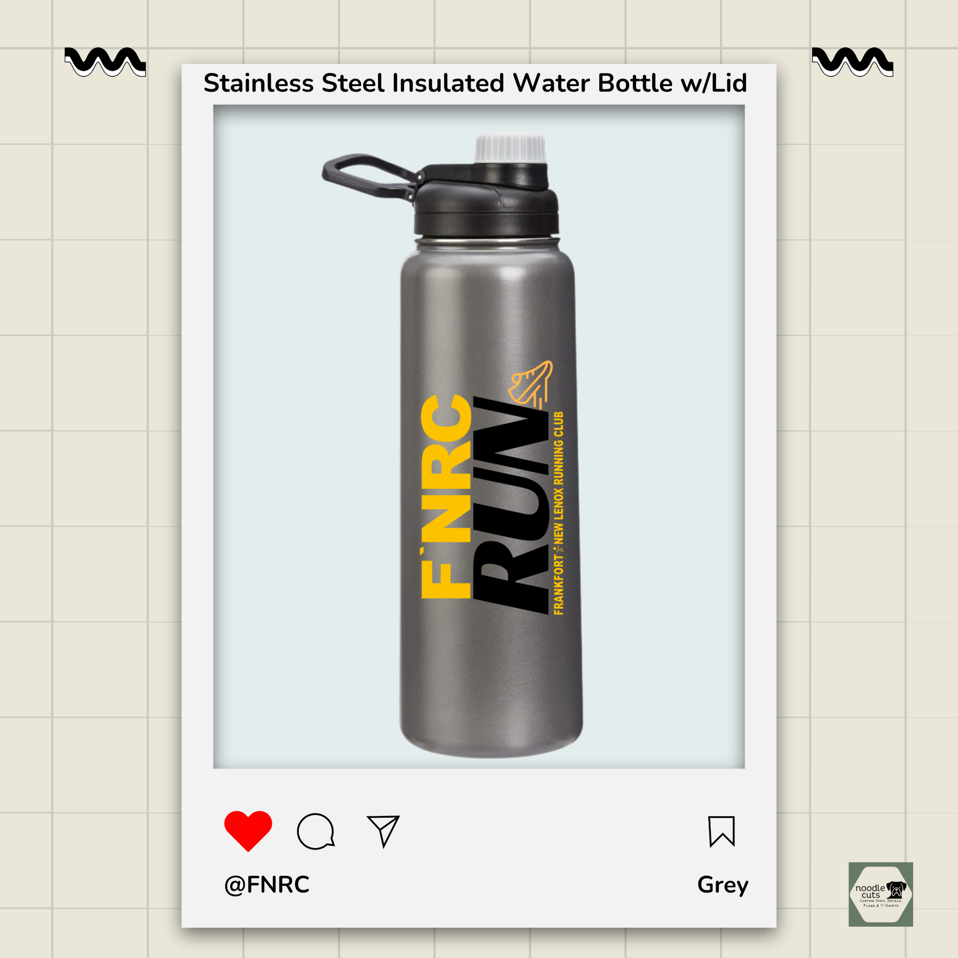 Grey 30 oz stainless steel insulated water bottle with spout lid featuring the bold FNRC RUN logo in gold and black, framed by product display border.