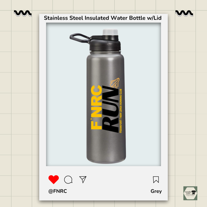Grey 30 oz stainless steel insulated water bottle with spout lid featuring the bold FNRC RUN logo in gold and black, framed by product display border.