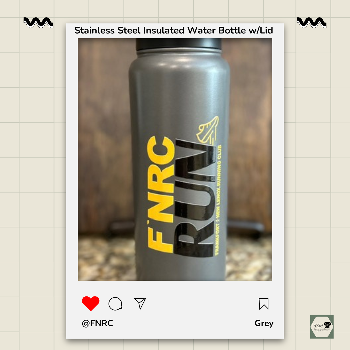 Close up view of the stainless steel insulated water bottle with FNRC Run Design in black and gold, front view