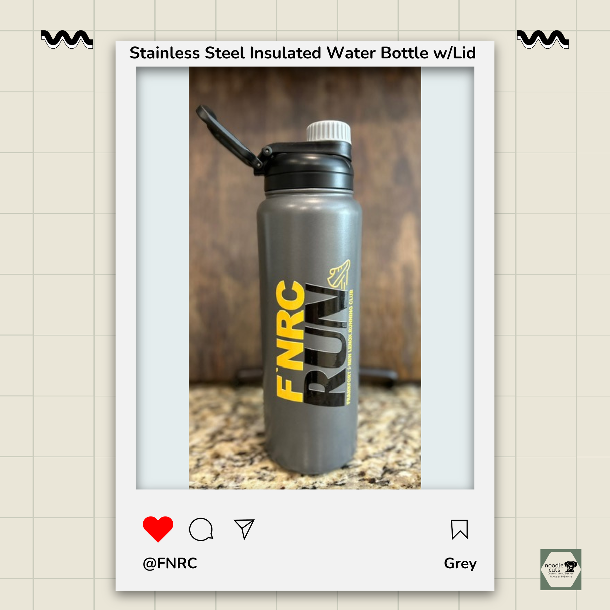 Stainless steel insulated water bottle with FNRC Run Design in black and gold, front view