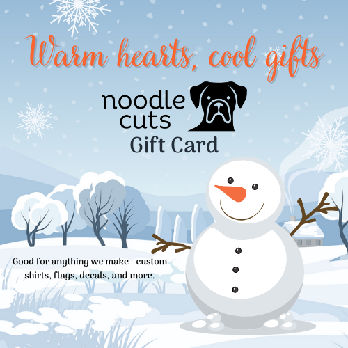 Gift card with a snowman design and winter landscape, featuring the brand Noodle Cuts.