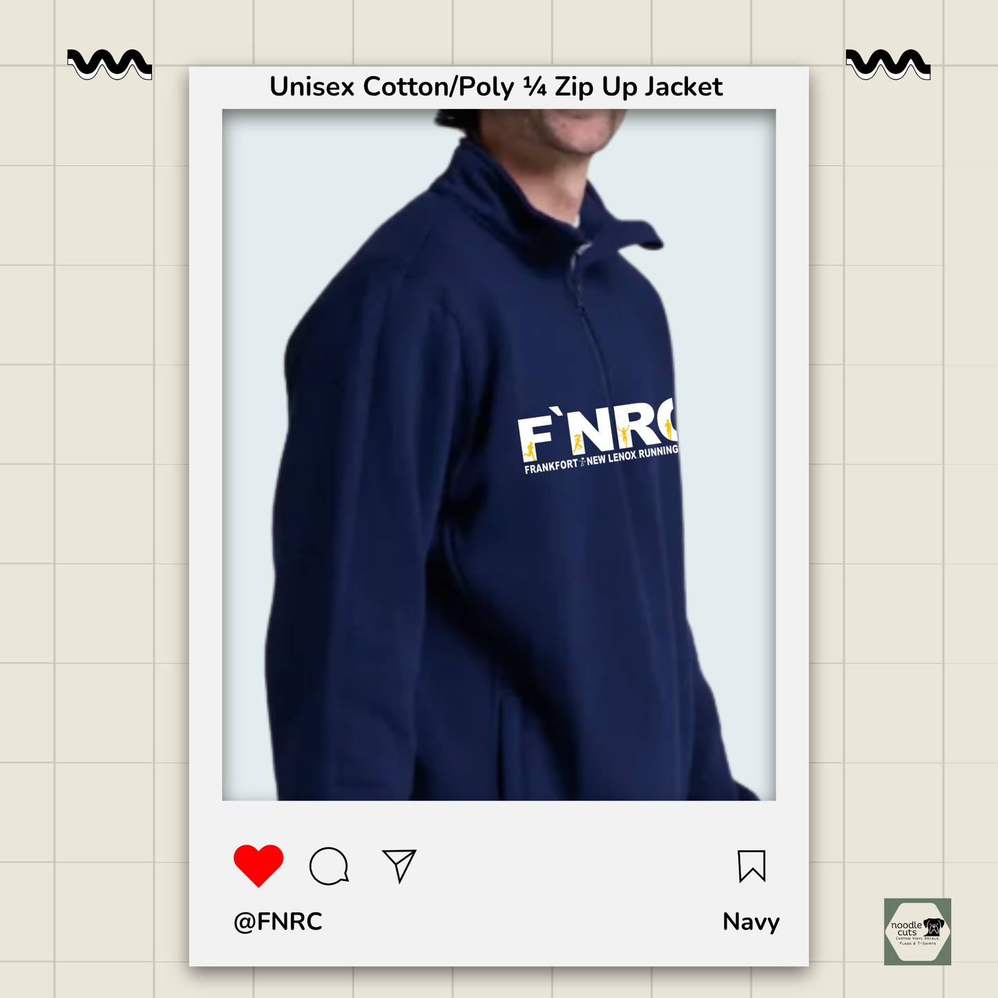 Side view of the navy Russell 1/4 Zip Jacket with the rebranded FNRC logo in white and gold, framed by a product display border.