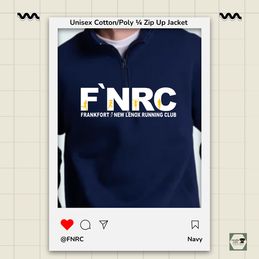 Close up view of the Navy Russell 1/4 Zip Jacket with the rebranded FNRC logo in white and gold, framed by a product display border.
