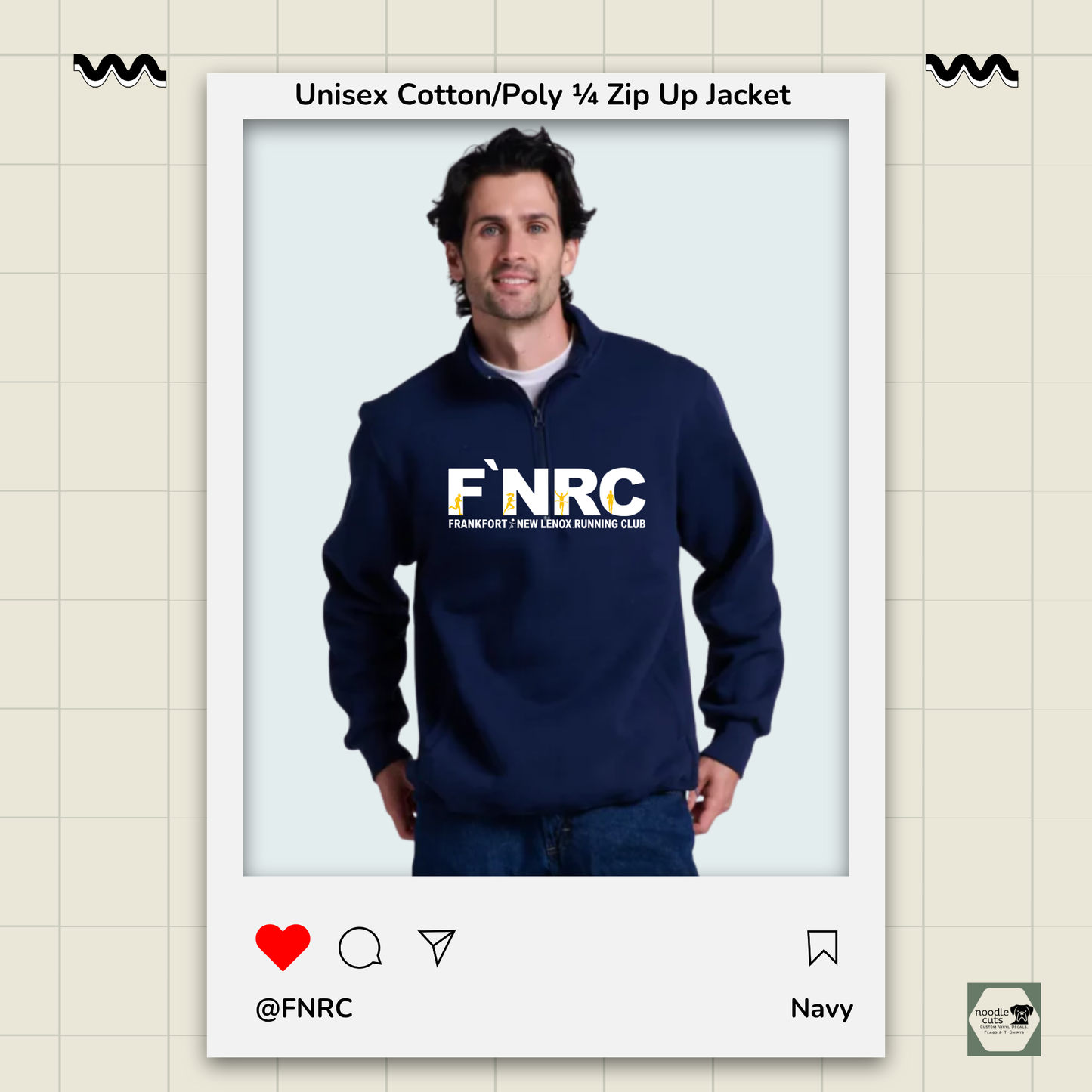 Navy Russell 1/4 Zip Jacket with the rebranded FNRC logo in white and gold, framed by a product display border.