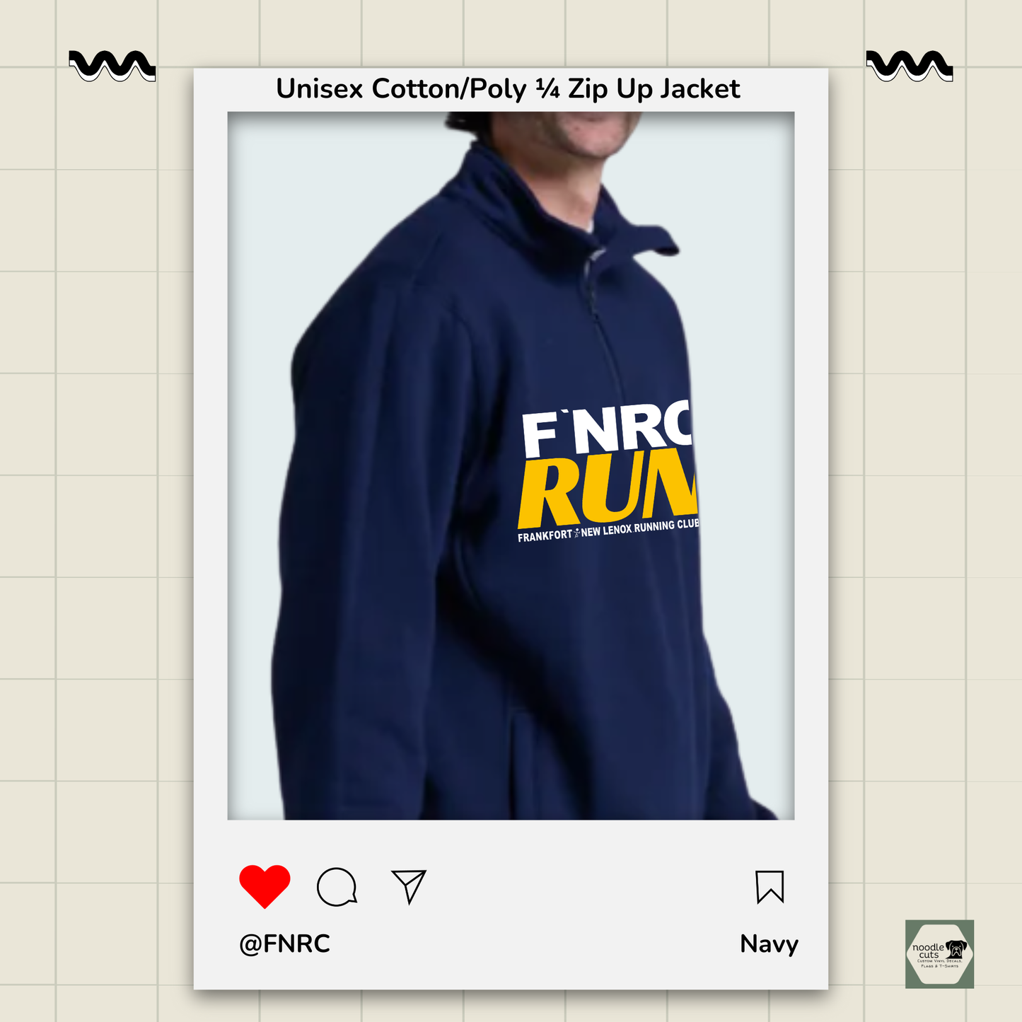 Side/front view of the navy Russell 1/4 Zip Jacket with the bold FNRC logo in white and gold, framed by a product display border.