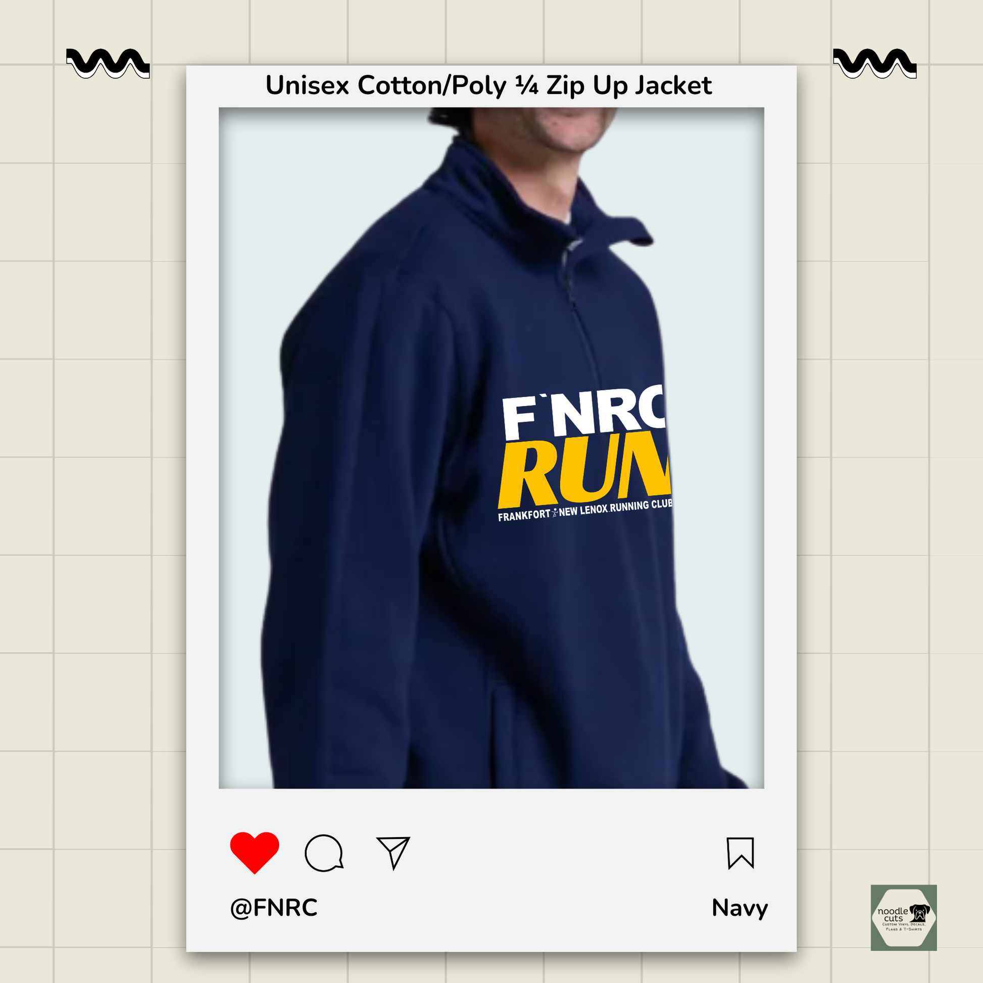 Side/front view of the navy Russell 1/4 Zip Jacket with the bold FNRC logo in white and gold, framed by a product display border.