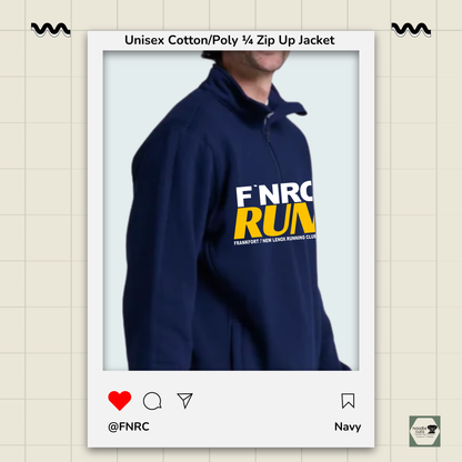 Side/front view of the navy Russell 1/4 Zip Jacket with the bold FNRC logo in white and gold, framed by a product display border.
