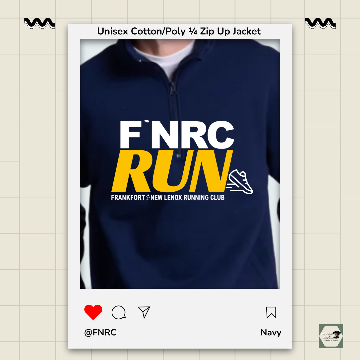 Close up view of the Navy Russell 1/4 Zip Jacket with the bold FNRC RUN logo in white and gold, framed by a product display border.